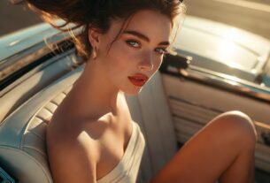 Stunning young woman sitting on the rear seat of a vintage convertible on Route 66, top-down view with scarf trailing in the wind, desert highway glow, photoreal 8K