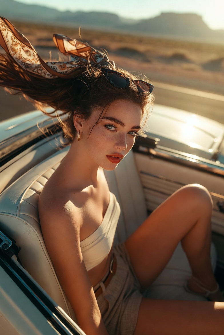 Stunning young woman sitting on the rear seat of a vintage convertible on Route 66, top-down view with scarf trailing in the wind, desert highway glow, photoreal 8K