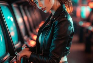 Stunning young woman in a vintage arcade racing game surrounded by neon lights, leaning into the seat with colorful reflections on her face, photoreal 8K