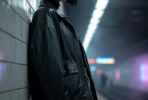 Young European woman leaning against a tiled subway wall wearing an oversized black leather jacket, distressed denim shorts, and combat boots under moody fluorescent light