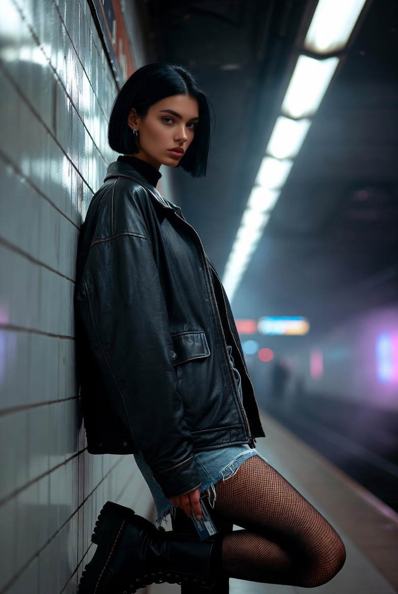 Young European woman leaning against a tiled subway wall wearing an oversized black leather jacket, distressed denim shorts, and combat boots under moody fluorescent light