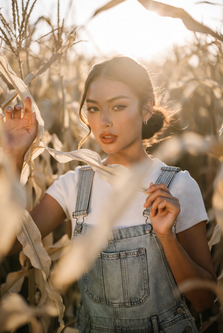 Stunning young woman peeking through tall corn stalks in a cornfield maze at golden hour, wearing denim overalls, photoreal 8K