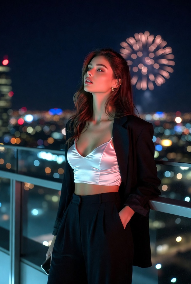 Stunning young woman on a rooftop at night watching fireworks, face lit by colorful bursts, cinematic photoreal 8K portrait