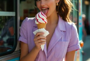 Stunning young woman leaning on a colorful ice cream truck while licking a melting ice cream cone in bright summer sunlight, photoreal 8K
