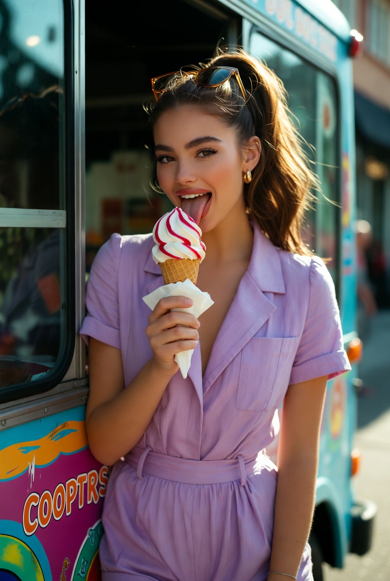 Stunning young woman leaning on a colorful ice cream truck while licking a melting ice cream cone in bright summer sunlight, photoreal 8K