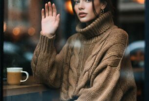 Stunning young woman sitting by a rainy cafe window with her hand on the glass, wearing a cozy turtleneck sweater and leather mini skirt, cinematic 8K reflections