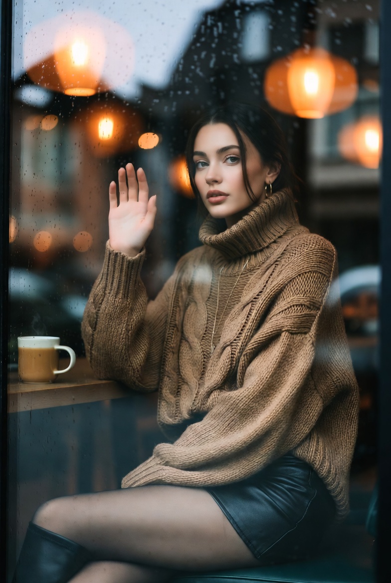 Stunning young woman sitting by a rainy cafe window with her hand on the glass, wearing a cozy turtleneck sweater and leather mini skirt, cinematic 8K reflections