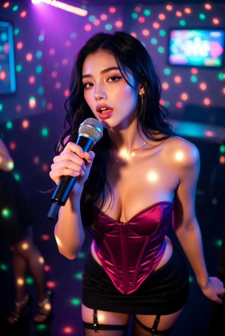 Stunning young woman singing into a microphone in a neon karaoke bar wearing a satin corset top and mini skirt, disco lights bokeh, photoreal 8K