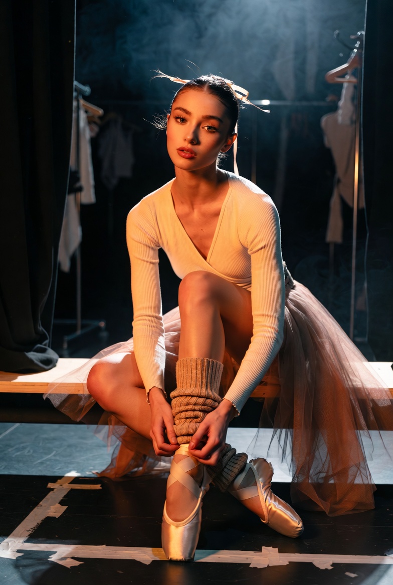 Stunning young woman backstage tying ballet shoes, wearing a soft tulle skirt and leg warmers under dramatic side lighting, photoreal 8K
