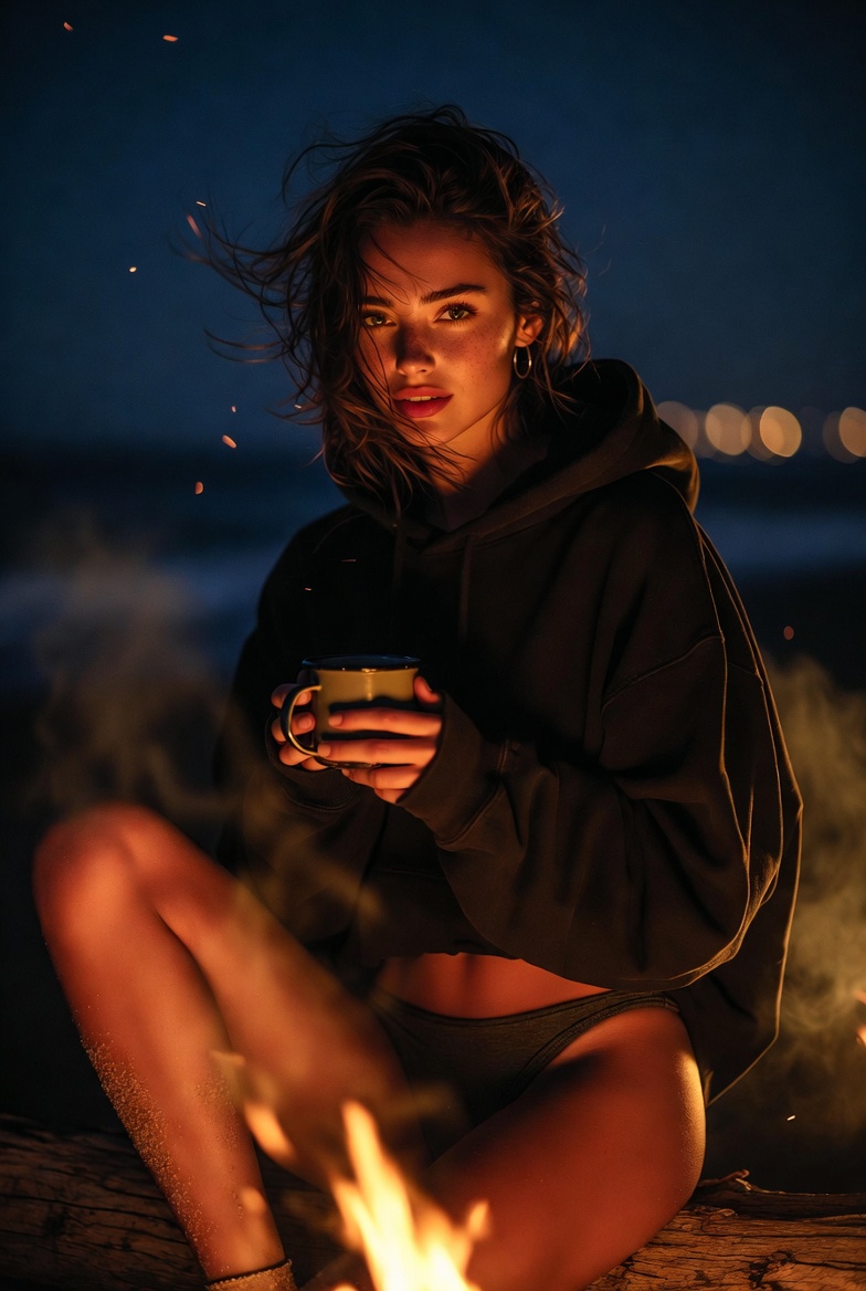 Stunning young woman sitting on a driftwood log at a beach bonfire at night wearing an oversized hoodie and high-waisted bikini bottoms, sparks in the air, photoreal 8K