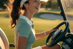 Stunning young woman laughing while driving a golf cart on a green fairway wearing a white tennis skirt and polo, golden hour photoreal 8K