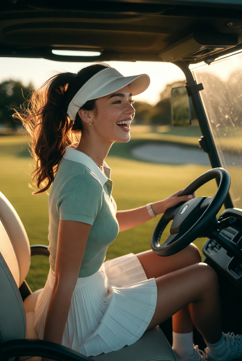 Stunning young woman laughing while driving a golf cart on a green fairway wearing a white tennis skirt and polo, golden hour photoreal 8K