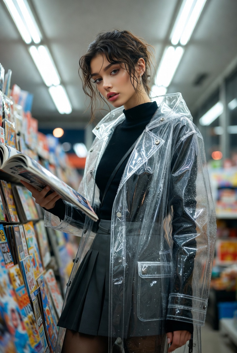 Stunning young woman in a Tokyo convenience store wearing a clear raincoat while reading a magazine at the rack under bright fluorescent light, photoreal 8K