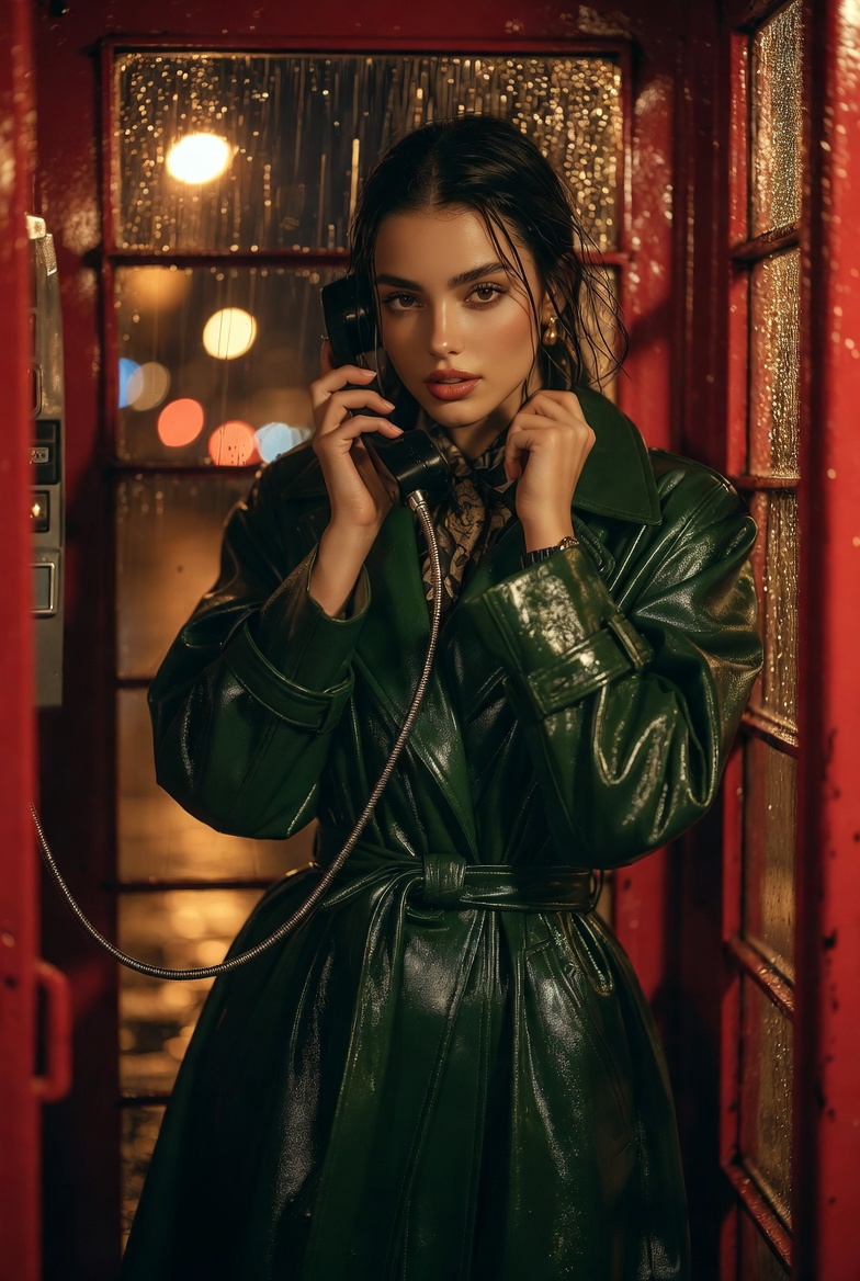 Stunning young woman inside a London telephone booth talking on the phone with rain on the glass, wearing a glossy mac coat, cinematic streetlight bokeh, photoreal 8K