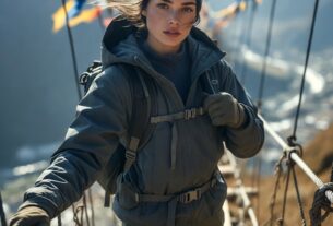 Stunning young woman standing on a Himalayan suspension bridge with prayer flags blowing in the wind, wearing trekking gear, photoreal 8K