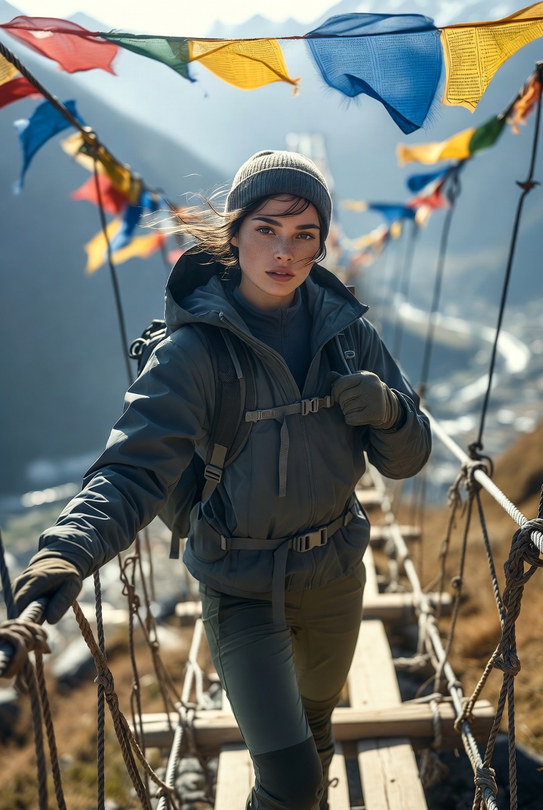 Stunning young woman standing on a Himalayan suspension bridge with prayer flags blowing in the wind, wearing trekking gear, photoreal 8K