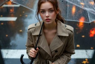 Stunning young woman under a clear umbrella on an autumn rainy street wearing a beige trench coat with wet pavement reflections, photoreal 8K