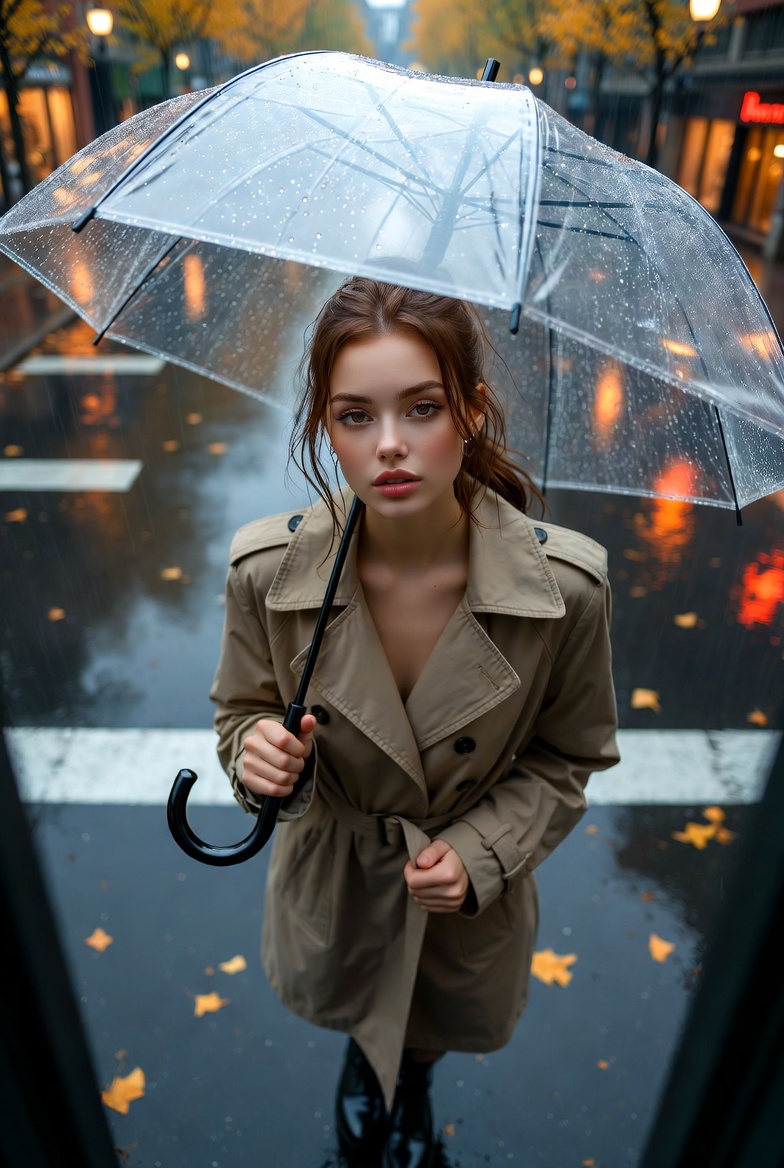 Stunning young woman under a clear umbrella on an autumn rainy street wearing a beige trench coat with wet pavement reflections, photoreal 8K