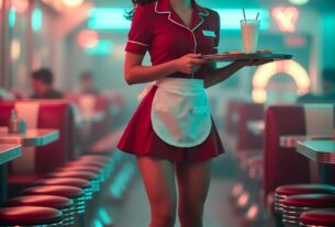 Stunning young woman in a retro 50s roller diner wearing roller skates and a cherry-red uniform, holding a serving tray under neon lights, photoreal 8K