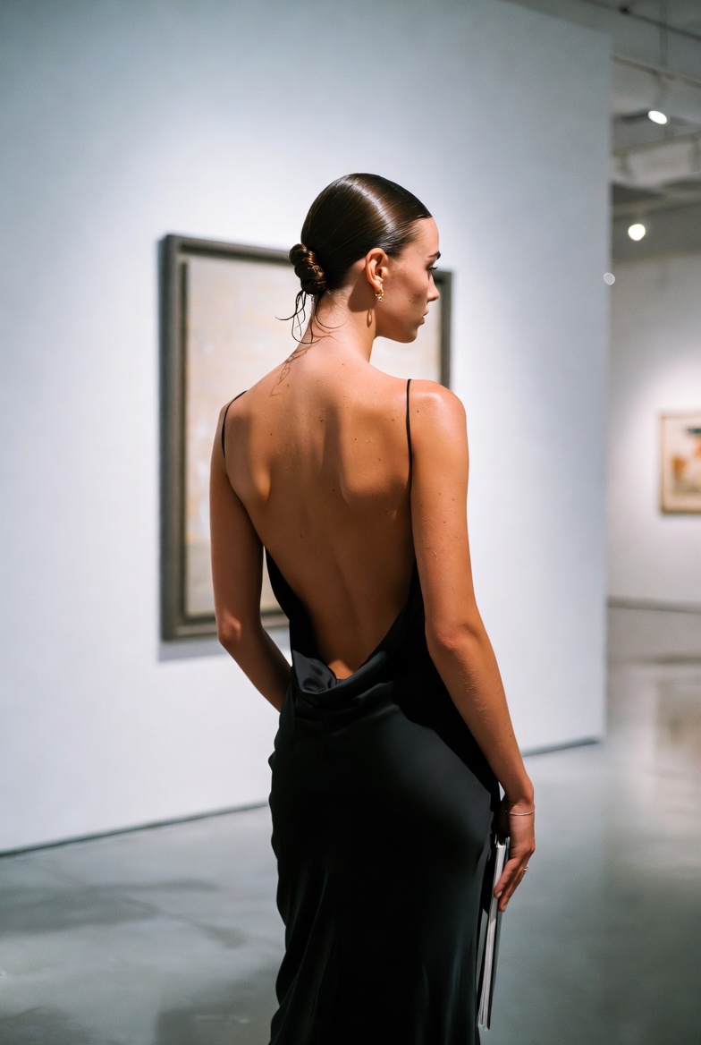 Stunning young woman in a minimalist art gallery viewed from behind, wearing a backless black silk evening gown while looking at a painting, photoreal 8K