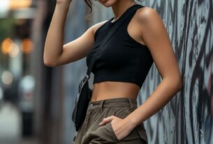 Stunning young woman leaning against a colorful graffiti wall wearing baggy cargo pants, a fitted crop top, and a bucket hat, photoreal 8K