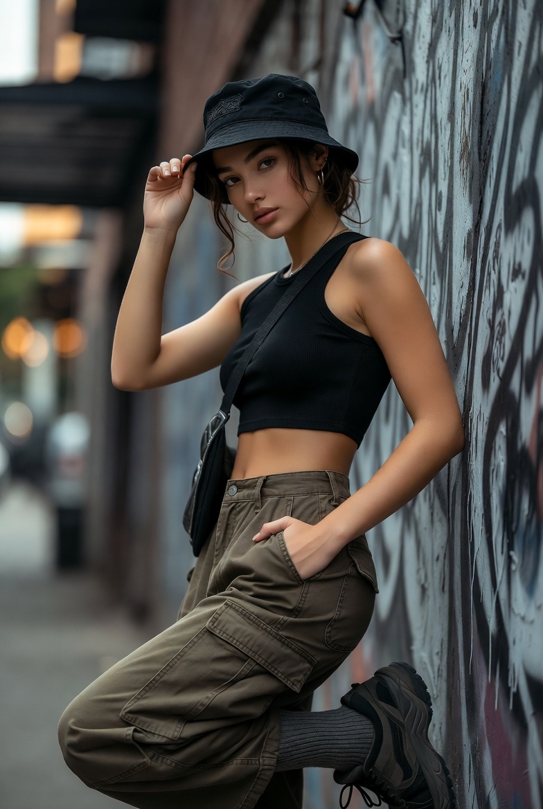 Stunning young woman leaning against a colorful graffiti wall wearing baggy cargo pants, a fitted crop top, and a bucket hat, photoreal 8K