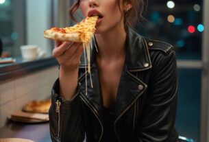 Stunning young woman eating a slice of pizza at a late-night counter with neon window light, wearing a party dress and jacket, photoreal 8K