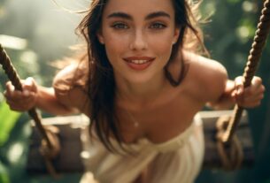 Stunning young woman swinging on a wooden jungle swing over lush greenery, wearing a long flowing dress with wind in her hair, photoreal 8K