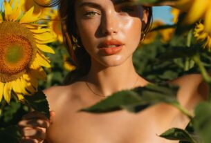 Stunning young woman standing among tall sunflowers under a bright blue sky wearing a white corset top, captured from a low angle with cinematic depth, photoreal 8K