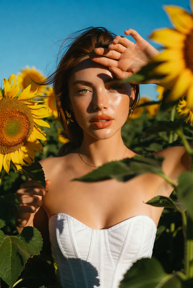 Stunning young woman standing among tall sunflowers under a bright blue sky wearing a white corset top, captured from a low angle with cinematic depth, photoreal 8K