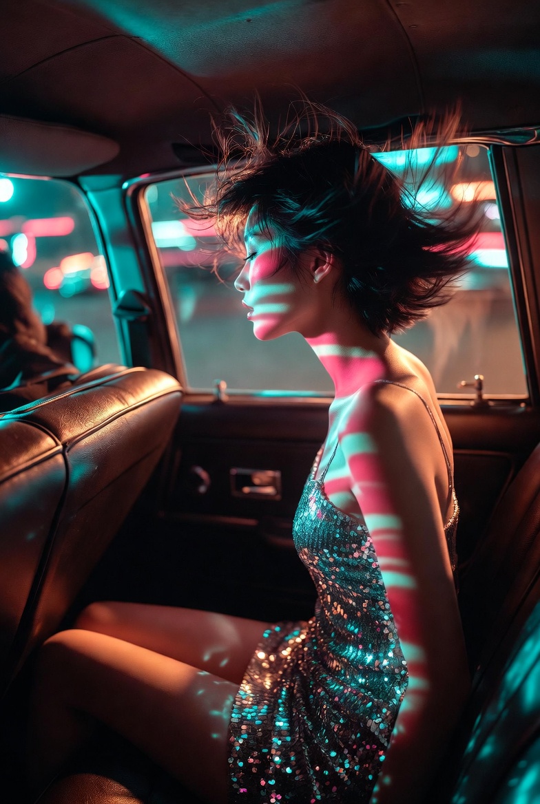 A woman in a sequin dress sitting in a taxi with neon city lights reflecting on her face.