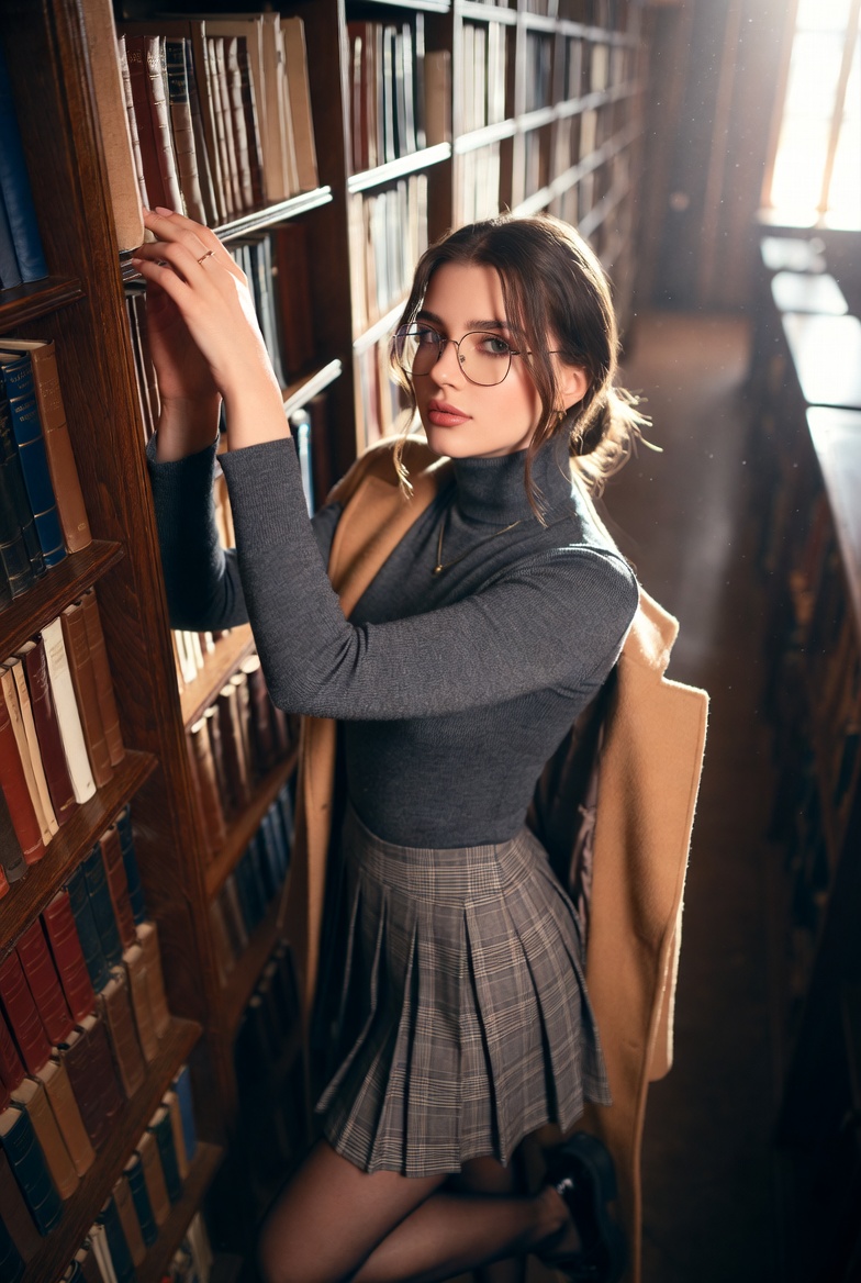 Young European woman in dark academia outfit reaching for a book on a high shelf in a warm-lit library