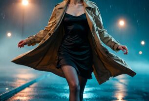 Young European redhead woman spinning and dancing in the rain on an empty city street with streetlight reflections on wet asphalt