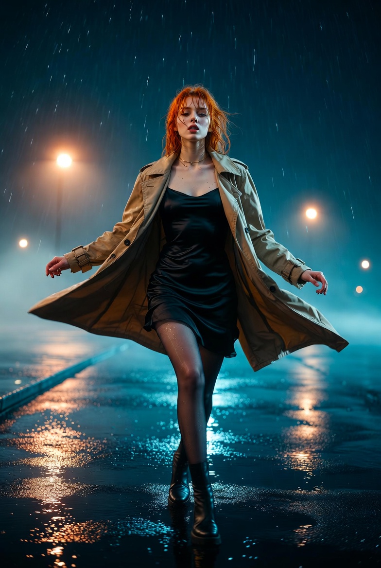Young European redhead woman spinning and dancing in the rain on an empty city street with streetlight reflections on wet asphalt