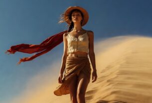 Young European woman walking up a golden sand dune with a long red scarf blowing in the wind under a clear blue sky