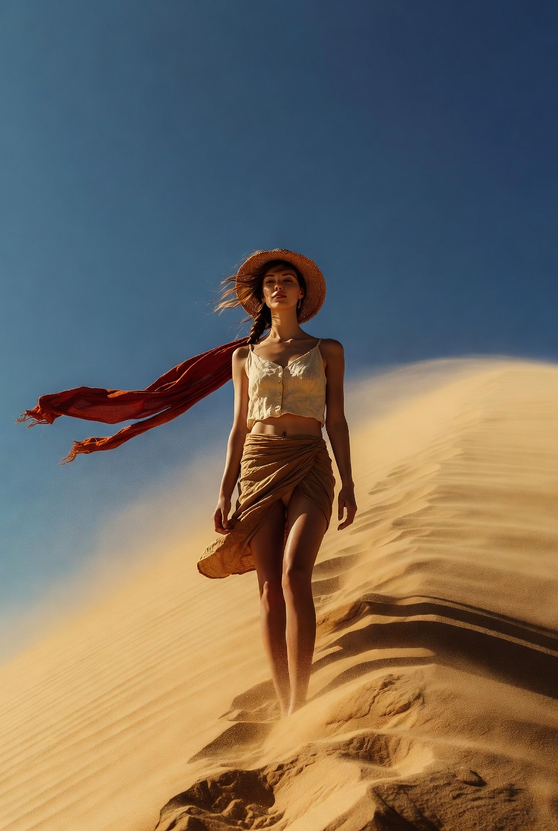 Young European woman walking up a golden sand dune with a long red scarf blowing in the wind under a clear blue sky