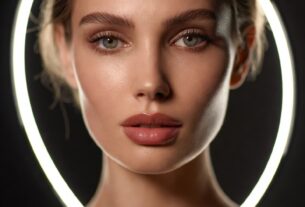 Cinematic rim-lit portrait of a beautiful young adult woman in a modern studio