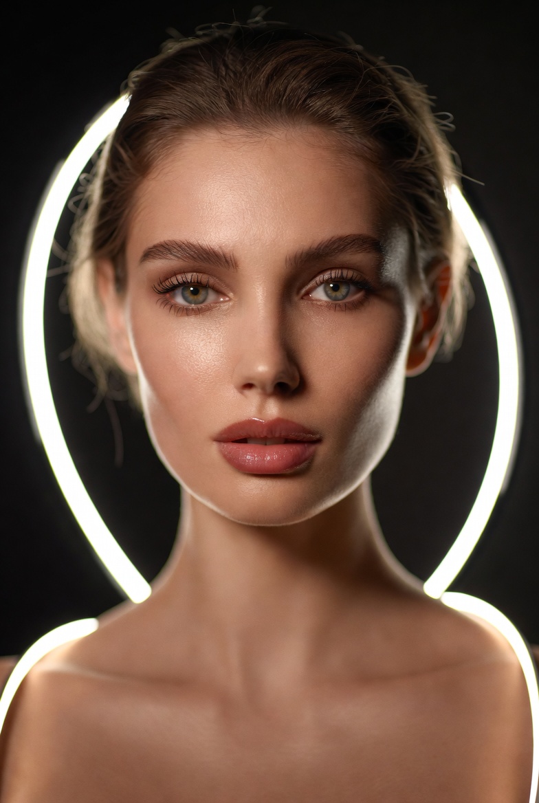Cinematic rim-lit portrait of a beautiful young adult woman in a modern studio