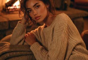 Stunning young woman lounging on a rug in front of a ski resort fireplace wearing a cozy sweater dress and thick knit socks, warm firelight, photoreal 8K