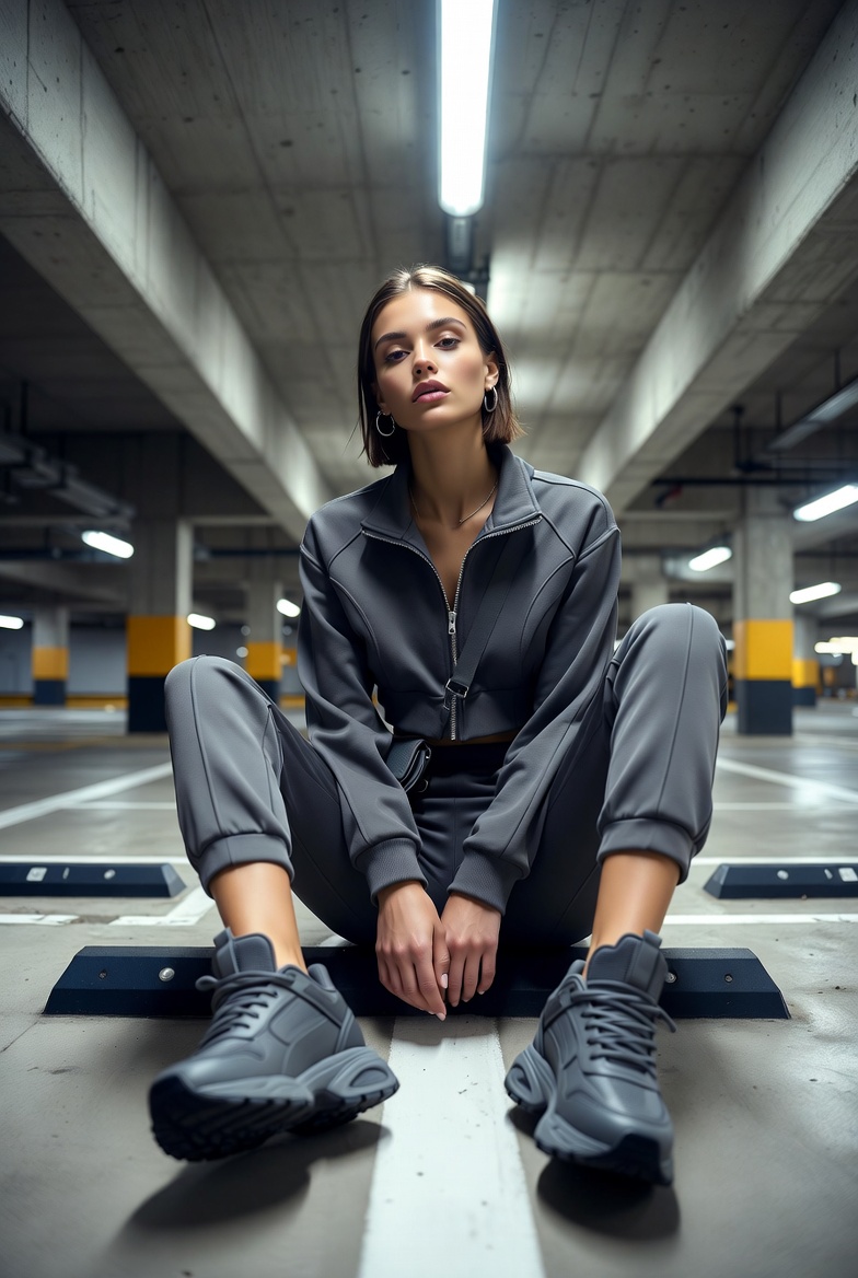 Young European woman sitting on a concrete parking stop in an underground garage wearing a stylish tracksuit and designer sneakers under harsh fluorescent lights