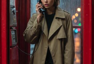 Young European woman inside a classic red phone booth talking on the handset while rain pours outside, wearing a beige trench coat with cinematic streetlight glow