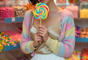 Young European woman holding a giant lollipop in a colorful candy shop with bright shelves and soft window light