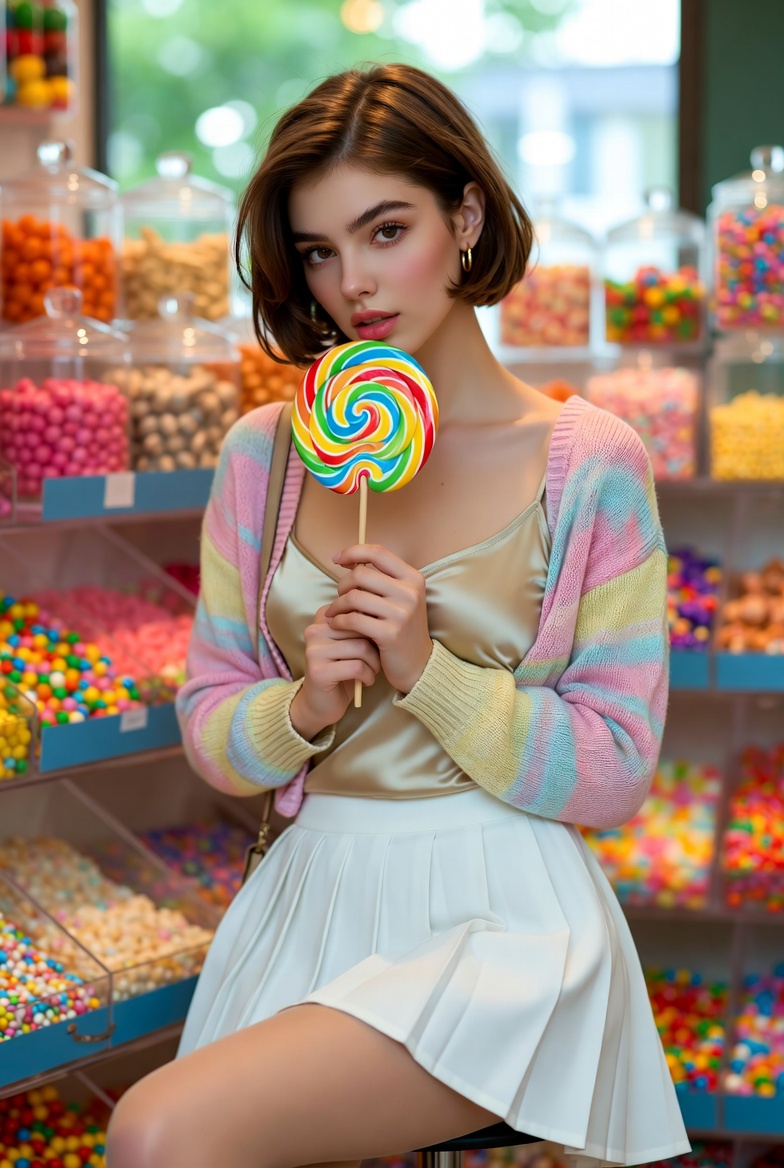 Young European woman holding a giant lollipop in a colorful candy shop with bright shelves and soft window light