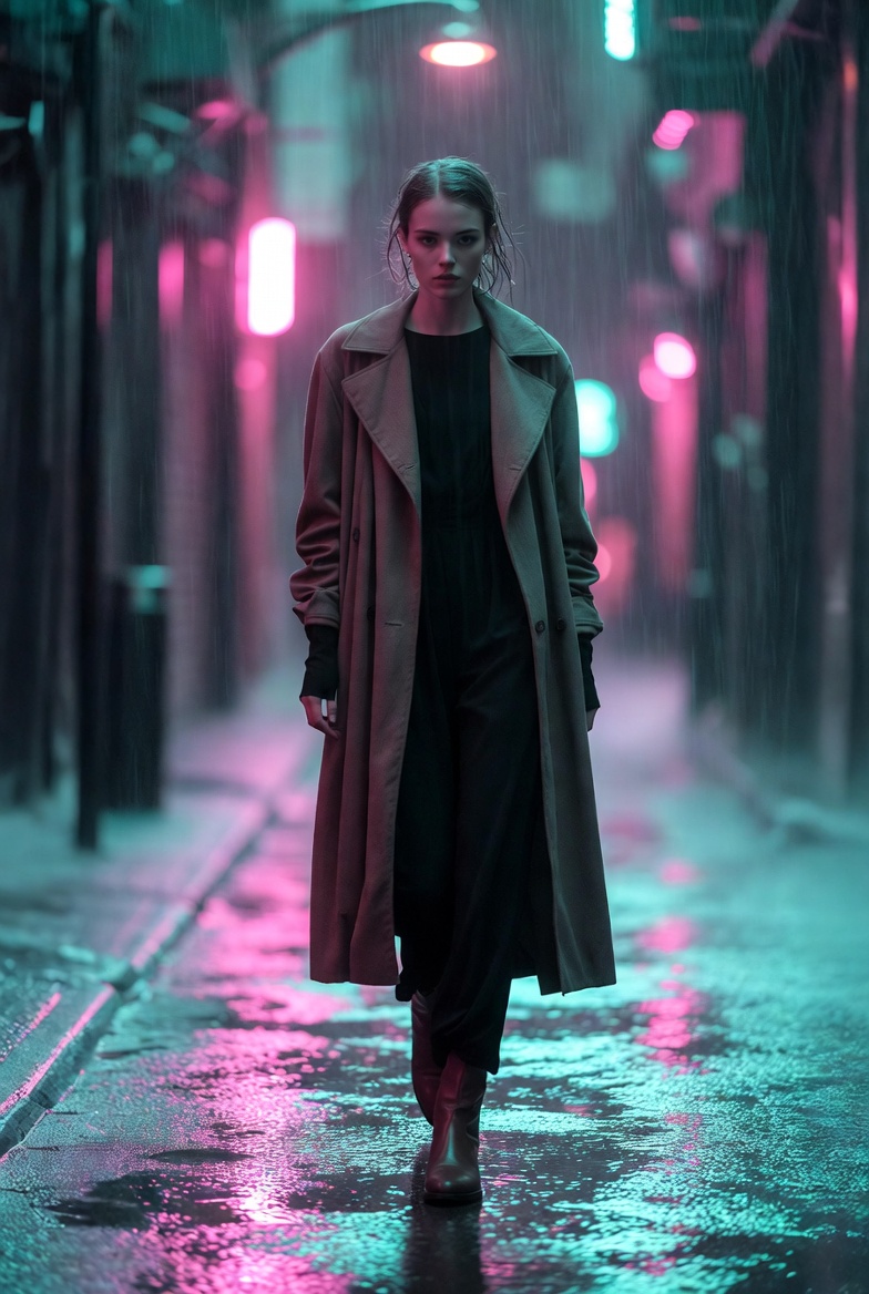 Photorealistic cinematic night street scene of a confident young adult woman walking in neon rain with wet reflections