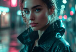 Cinematic neon rain street portrait of a beautiful young adult woman with wet pavement reflections