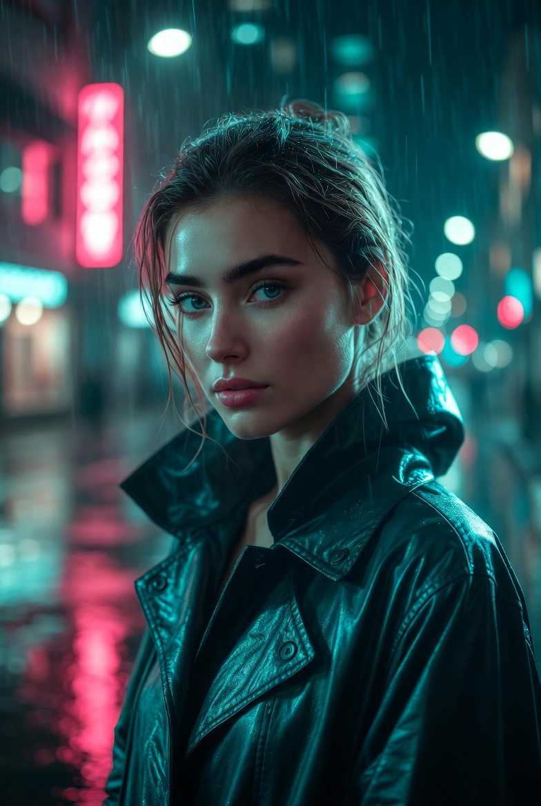 Cinematic neon rain street portrait of a beautiful young adult woman with wet pavement reflections