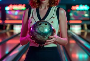 Stunning young woman holding a bowling ball in a neon bowling alley wearing a retro bowling vest and pleated mini skirt, lane reflections, photoreal 8K