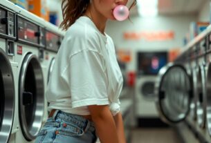 Stunning young woman sitting on a vintage washing machine in a retro laundromat, blowing pink bubblegum, wearing denim shorts and a tied oversized white t-shirt, photoreal 8K