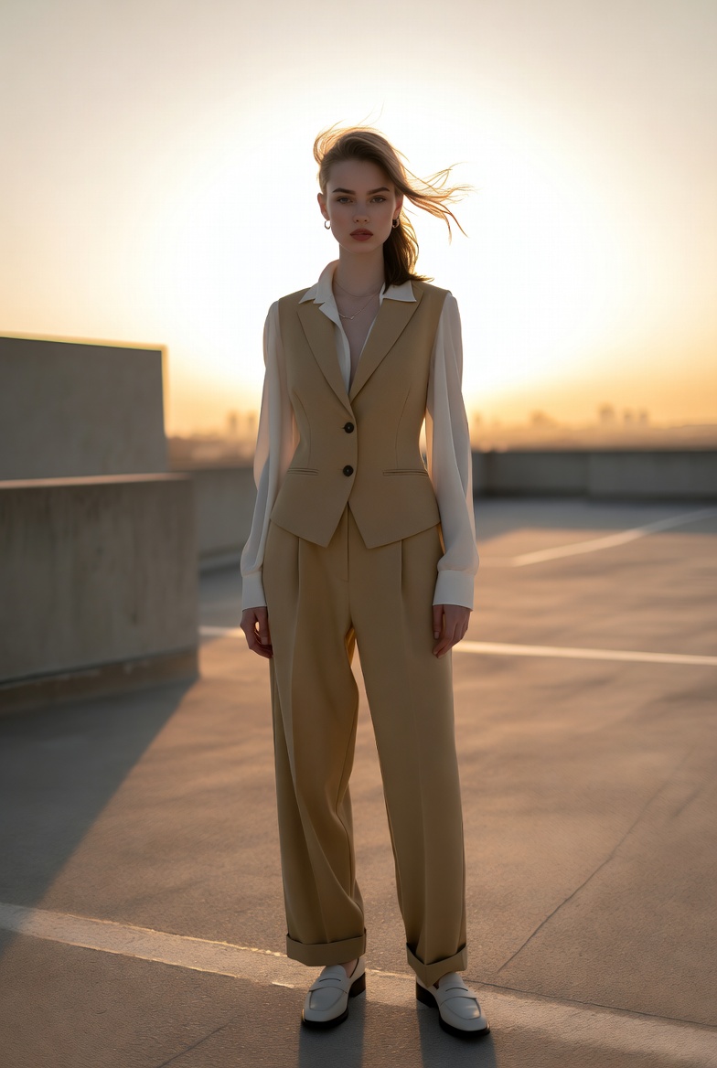 Photorealistic editorial rooftop image of a confident young adult woman at golden hour with warm rim light and city skyline depth