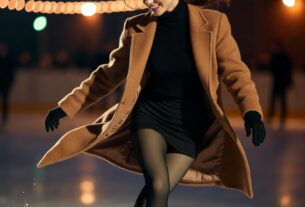 Stunning young woman ice skating mid-spin in a chic winter outfit with white skates, cinematic rink lights, photoreal 8K